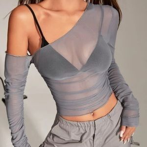 Asymmetrical Stretch Neck‎ Sheer Mesh Top